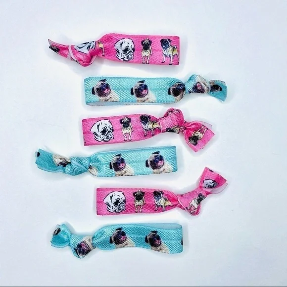 2/$10 Pink Blue Pug Puppy Hair Tie Elastics - Picture 2 of 5